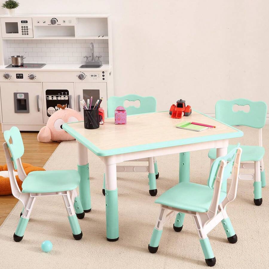 Techigher Kids Table And 4 Chairs Set, Height Adjustable Toddler Table And Chair Set With Graffiti Desktop, Children Multi-Activity Table For Ages 2-8 - Lake Blue - View 1