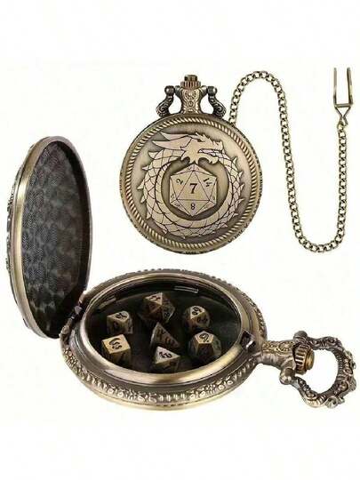Dungeon & Dragons Dragon Pattern Alloy Mini Polyhedral Dice Set With Vintage Pocket Watch Case – Perfect For Dungeon & Dragons (D&D) Tabletop Games, Role Playing Board Games Accessories , MTG, Christmas Personalised Christmas Gifts For Boyfriend,Men Gift Ideas,Funny Gifts For Teenager
