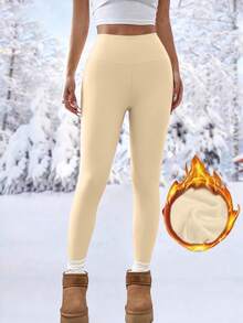 女士纯色高腰紧身裤，健身紧身裤，柔软瑜伽裤，女装，女士紧身裤 - 杏色 - 查看 2