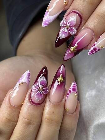 24片杏仁形美甲套装，紫色渐变3D立体树脂花，金色小钢珠和星爆装饰，全覆盖亚克力假指甲，适合女士日常、派对、舞会等美甲场合。