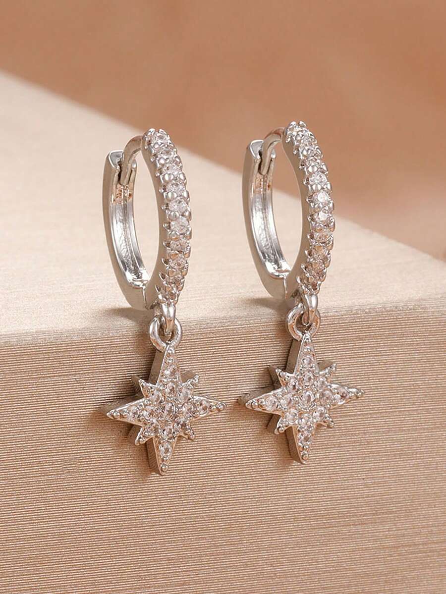 1 Pair Star Dangle Earrings For Women Sparkling Zirconia Geometric Ear Piercing Hanging Earring - Silver-12# - View 1