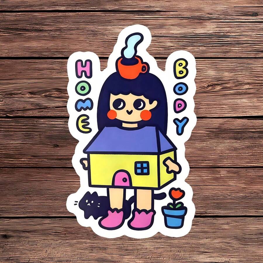 1张宅女贴纸，可爱居家女孩笔记本电脑贴纸，内向宅女主题乙烯基贴纸，温馨猫咪咖啡礼物，防水易撕贴水瓶贴纸，耐用可爱水杯装饰，潮流宅女笔记本贴纸，送给内向女孩的完美礼物，宅家汽车贴纸，宅家生活水瓶乙烯基贴纸 - 彩色 - 查看 1