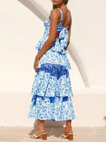 Vestido maxi con tirantes finos, sin mangas, con volantes y estampado floral para un romance de verano - azul real - Ver 3