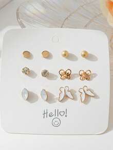 6件套时尚女童耳环，款式包括心形、圆形、月亮、蝴蝶、三角形、海马图案 - 彩色 - 查看 6