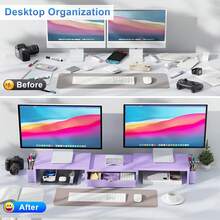 Soporte elevador para monitor dual, organizador de escritorio con cajón y 2 portaplumas, organizadores de escritorio y accesorios, decoración de oficina morada (morado) - blanco - Ver 2