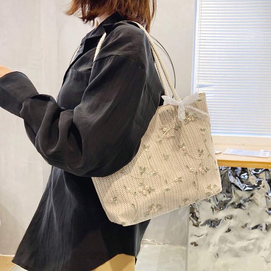 米色编织手提包，休闲风格，饰以叶子图案 - 米色 - 查看 1