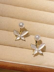 1 Đôi bông tai hình bướm và ngọc trai giả tối giản, thiết kế cá tính, phù hợp cho phụ nữ đeo hàng ngày và trong các dịp lễ. - trắng - Xem 3
