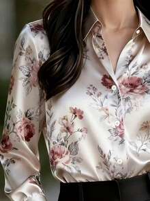 New Spring Fashion Women Satin Elegant Printed Blouse, Front Button Design, Suitable For Business Casual, Machine Washable Vacation - 混合色 - 查看 5
