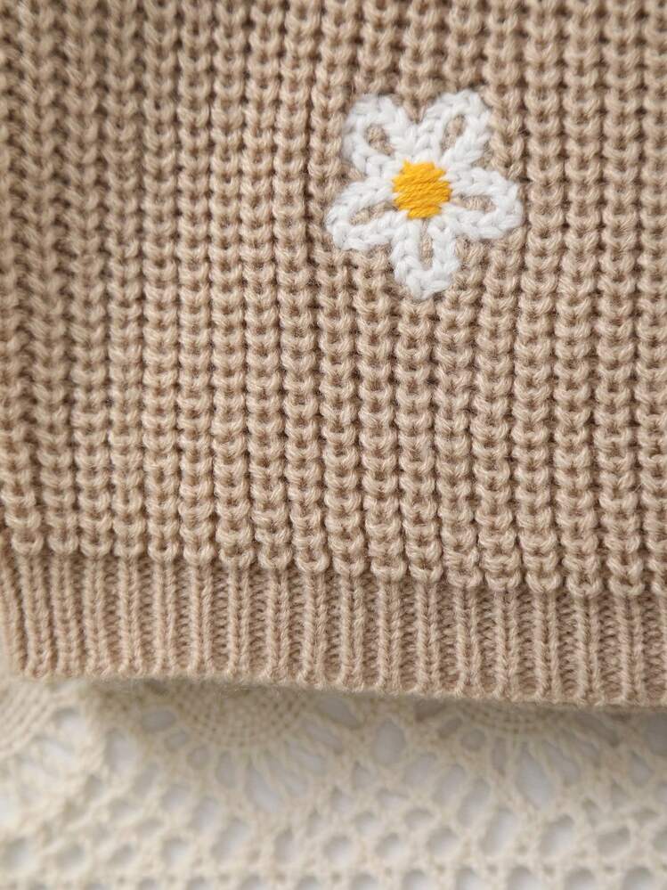 Girls Knitted Sweater With Delicate "Big Sister" Embroidery And White Floral Pattern, Soft And Warm - Khaki - View 6