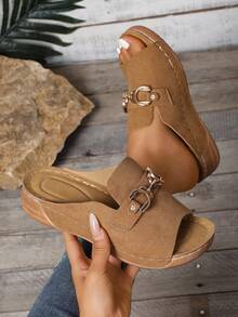 New Beige Suede Mule Slippers For Women, Metal Buckle Decor, Rhinestone Wedge Thick Sole, Comfortable Daily & Beach Wear Sandals - Brown - View 2