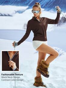 Leorrey 1pc Women's Fashion Wool Ribbed Mock Neck Half Zip Colorblock Snow Outfits Winter Sports - Mocha Brown - View 2