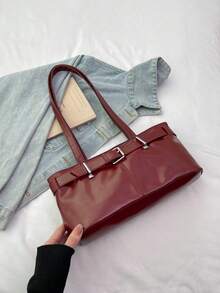 1pc Vintage Large Capacity Tote Bag, Commuter Oversized Underarm Bag, Fashion Motorcycle Women's Bag, PU Solid Color Oiled Wax Leather, Strap Decor, Zipper Closure, Women's Shoulder Bag For Work, College Student Backpack, Short Trip, Vacation, Shopping, Business, Suitable For Daily Use - Burgundy - View 11
