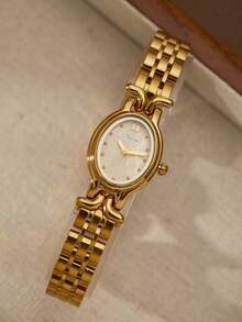 XIVIYA 1pc Women's Elegant Oval Glitter Dial Waterproof Wrist Watch, Golden Color, High-Quality Gift