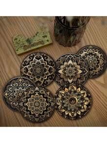 6pcs Gold Mandala Wooden Coasters - Durable & Long-Lasting, Perfect For Coffee, Tea & Other Beverages | Ideal Home & Restaurant Decor | Perfect Gift For Holidays & Birthdays | Heat Resistant Tableware Coasters, Kitchen Hot Pads - Multicolor - View 5