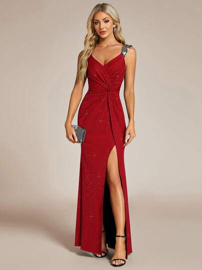 EVERPRETTY Elegant & Charming Red Evening Gown, V-Neck Sleeveless High Slit Ruched Waist Sparkling Sequin Semi-Formal Dress, Suitable For Balls, Galas, Formal Occasions