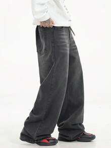 1 pieza Pantalones vaqueros de pierna ancha de estilo coreano, ajuste holgado, lavado, de estilo casual de la marca Justice Brother - Negro - Ver 4