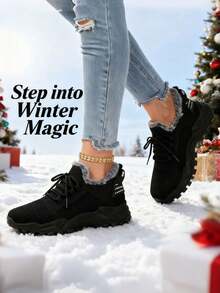 FZY New Winter Women's Snow Boots - Snow Sports Shoes With Non-Slip Rubber Soles, Perfect For Winter Outdoor Activities And Can Be Paired With Christmas Outfits. Suitable For Ice, Snow, And Muddy Environments - All-Terrain Traction, Easy To Put On And Take Off. Plus-Size Women's Winter Boots, Unisex Winter Footwear, Warm And Non-Slip Ankle Boots, Solid Color Minimalist Style Outdoor Hiking Shoes, Fur-Lined. Lace-Up Sneakers With Soft Fabric Lining And Cushioned Insoles. Warm And Comfortable Winter Boots. - 黑色 - 查看 4