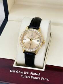 Pablo Raez 1pc 18K Gold Ladies Watches Luxury Vintage Women Dress Wristwatch Summer Accessories Jewelry Square Crystal Fantasy Original Charming Watches Fashionable Rectangle Rhinestones Stainless Steel IPG Golden Non Tarnish Plated Color Metal Case Elegant Top Brand New Shinning Rhinestones Design - one-size - View 3