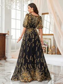 SUPGIR Women's [Random Cut] Square-Neck Bubble Sleeve Narrow Waist All Over Print Chiffon Temperament Formal Evening Dress - Black - View 2