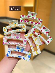 6个装女士彩色方形水果发夹，包括草莓、樱桃、菠萝、香蕉、桃子、蓝莓，甜美可爱风格，适合度假和日常休闲佩戴。夏季配饰套装，发饰，女士配饰，返校季发饰，沙滩配饰。优雅抓夹，休闲发爪。 - 彩色 - 查看 3