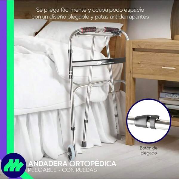 MEDICAL STORE Andadera de Lujo Adulto Tercera Edad Con Ruedas Modelo Fabricada En Acero De Alta Resistencia Altura Ajustable 6 Alturas y Plegable Por Medio de Palancas.