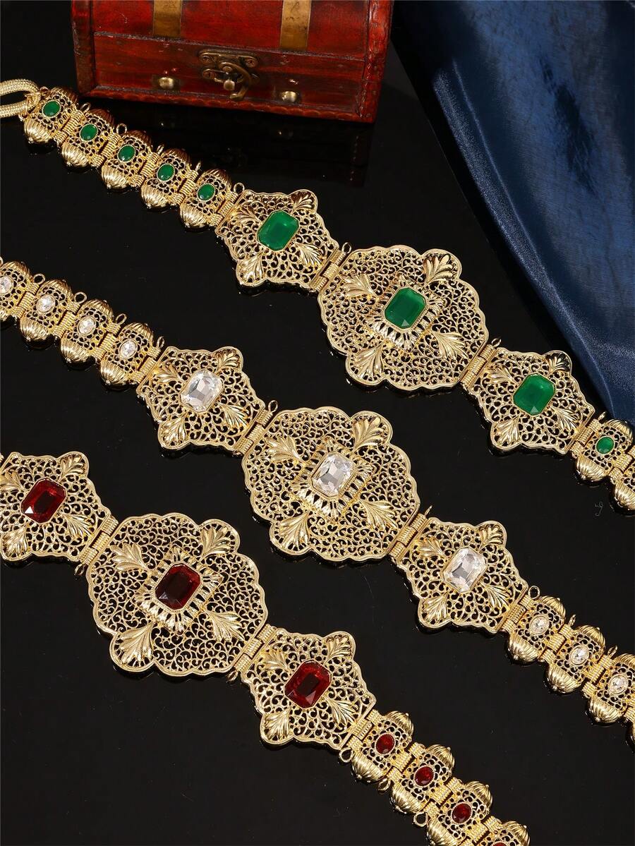 حزام جلابية مغربية للنساء قطعة واحدة، من سبيكة الزنك المنقوشة بشكل مجوف مرصع بأحجار كريمة متعددة الألوان، قابل للتعديل الطول، إكسسوارات مجوهرات زفاف مغربية للنساء حزام خصر ذهبي، إكسسوارات عيد الحب - متعدد الألوان - مشاهدة 1