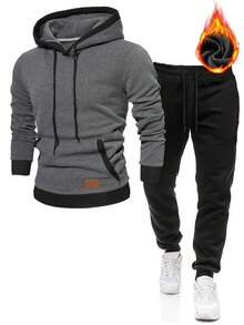 男士休闲保暖连帽衫和运动裤套装 - 深灰色 - 查看 1