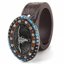 2pcs/1pc Denim, Horse Shaped Buckle Men And Women's Belt, Personalized Bull Head Buckle Waist Belt, Retro Embossed Craft Leather Belt, Suitable As Gift For Boyfriend Or Girlfriend - Multicolor - View 3