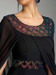 SUPGIR Váy voan cổ tròn, viền lưới ở eo, đính sequin và tay áo dài bồng bềnh - màu đen - Xem 4
