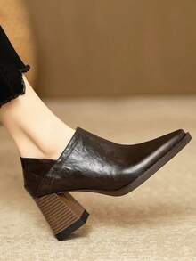 7cm Side Zipper Square Toe Chunky Heel Pumps, Black, Comfortable High Heels, Versatile For Spring & Autumn - Brown - View 6