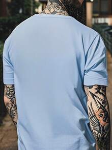 男士宽松休闲圆领字母印花落肩袖T恤，夏季，秋季 - 淺藍色 - 查看 2