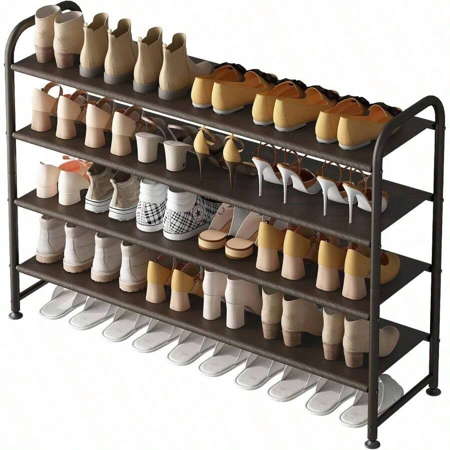 Estantería para zapatos de 3 niveles, organizador de almacenamiento largo, estantería de metal ancha para zapatos, para armario y entrada, color negro - 4 niveles + Marrón - Ver 1
