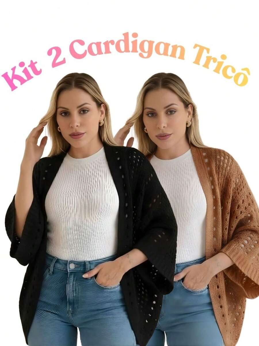 Set Of 2 Women's Cardigan Blouses, Knitted Cape, Openwork Knit, Autumn - 黑/銅色 - 查看 1