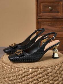 WHDXY 7厘米不对称露跟高跟女鞋，方头编织人造革鞋面，蝴蝶结和金属扣装饰，优雅的礼服鞋，适合通勤、工作、约会和派对等场合。 - 黑色 - 查看 2