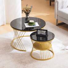 Modern Coffee Table Set, Highlighted Coffee Table Set, Marble Veneer Sofa Side Table, Round Side Table, Double Set, Gold Frame - Black - View 8