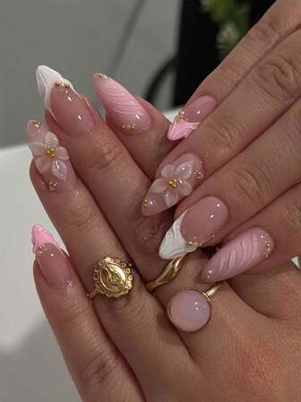 24Pcs Long Almond 3D Gelnail Makes Flower Pearl Decoration Design French Tip Press On Nails Medium Gelnail Flower With Pearl Design Acrylic Fake Nail Set,Contain 1pc Jelly Glue And 1pc Nail File,Pink Nails Make Your Fingertips Shine And Beautiful,Very Suitable For Woman Girl Daily Work & Rave Party Use