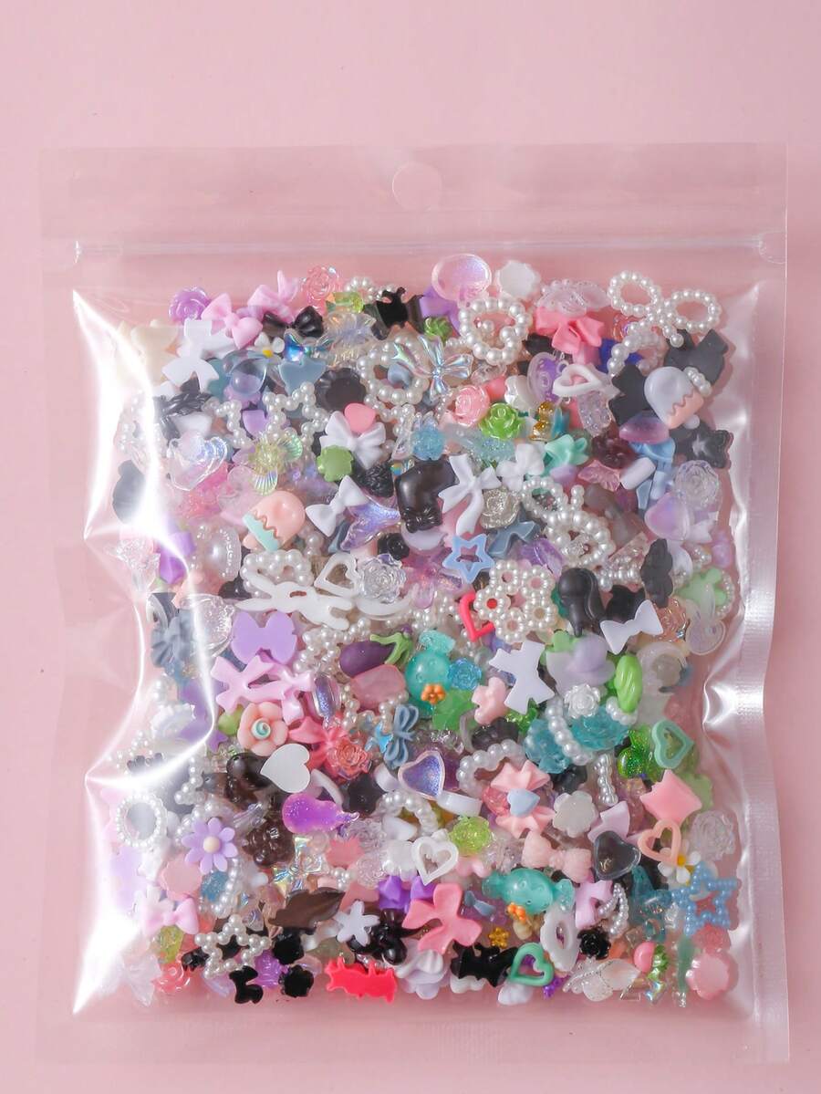 100件 3D樹脂美甲飾品:隨機組合包含玫瑰、桃花、裙子、蝴蝶結、蛇、冰淇淋、龍、愛心、亮片鏤空愛心、星星、兔子及各種動物造型,搭配水鑽與仿珍珠,適用於DIY美甲裝飾與手工藝品,適合春夏秋冬四季及Y2K美甲風格 - 彩色 - 查看 1