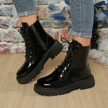 Thick Sole British Style Black Patent Leather Zipper Boots, Versatile Retro Autumn/Winter Ankle Boots For Teenagers, Unisex - Black - View 7