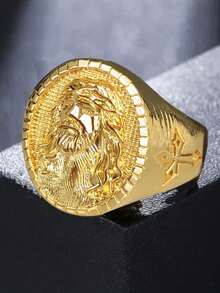 1 pieza Anillo de moda de lujo, Anillo de cabeza de Jesús de oro de cobre, Joyería de anillo para hombres raperos de hip hop, Adecuado como regalo de joyería para bodas - Dorado - Ver 9