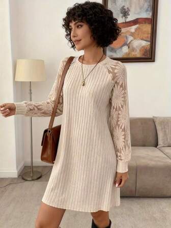 Elegant Women's Long Sleeve Knit Dress, Round Neck A-Line Silhouette, Decorated With Embroidered Lace Mesh Details, Knee-Length