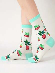 1 Pair Women's Novelty Creative Ins Funny Plant Letter Print Pattern Personalized Mid-Calf Socks, Fashion Cartoon Number Floral Interesting Socks, Student Socks, Football Socks, Funny Socks, Ramadan Socks, Suitable For Daily Casual Sports Couples Party Gifts, Spring Summer Autumn Winter, Comfortable Soft, Suitable For All Occasions And Festivals - Multicolor - View 3