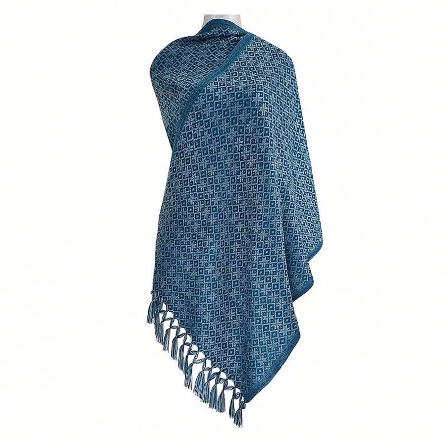 Rebozo de Estambre Chal Mexicano 100% Artesanal.Mide 190 cm de largo x 65 cm de ancho.(Chal mexicano hecho a mano).Recuerdo y regalo mexicano. - Navidad Azul Rombo - Ver 1