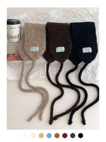 针织耳罩 - 时尚装饰头带式耳罩，女士高端毛绒围巾式头饰，复古保暖内衬针织系带颈套，秋冬多功能保暖耳罩 - 布標純色拉毛 - 查看 2