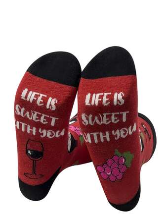 1 Pair/5 Pairs Wine Glass & Letter Print Soft & Comfortable Mid-Calf Socks, Unisex, Odor Resistant, Breathable, Casual, Suitable For Students, Adults, Gifts And Daily Wear