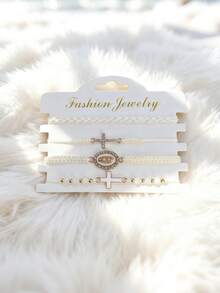 多件套圣母玛利亚手链，女士/女孩水晶十字架手链，人造水晶串珠手链，墨西哥手链，手工编织手链套装，时尚首饰，女士叠戴手链，手链吊坠配饰，手链套装，Y2K手链，可调节手链，串珠手链，女士手链绳，女士首饰配饰，友谊手链，情侣手链 - 十字架款 - 查看 14