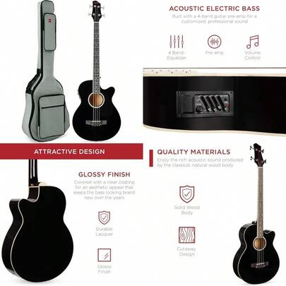 yuiutfBest Choice Products - Bajo Electrico Acstico Negro - 44in - 4 Cuerdas - Madera - Tilo - Acabado Brillo - Con Equalizador y Funda Acolchadayufrtf