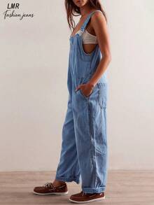 女士水洗牛仔连体裤 宽松复古休闲阔腿连体裤 可调节肩带 夏季日常外出百搭单品 - 淺色水洗藍 - 查看 4