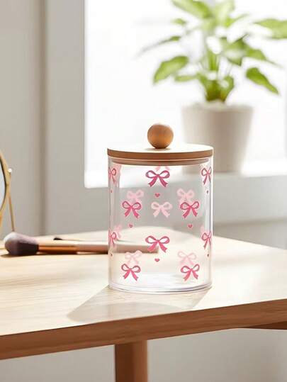 1pc Pink Bow Decor Storage Box With Transparent Dome Lid - Cotton Pad Holder Storage Box With Cover, Plastic Storage Box, 10oz Cotton Swab Jar Transparent Storage Box, Cosmetic Organizer, Bathroom Storage Dispenser