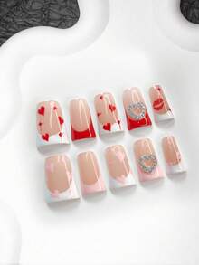10片装红色和粉色情人节美甲贴纸，法式假指甲，手绘爱心，唇形美甲装饰，粉色和红色指甲油，闪亮水晶爱心美甲贴纸，三种尺寸可选：杏仁形、鸭子形、棺材形，包含美甲工具（1张果冻贴纸+1个指甲锉），适合情人节、通勤、派对美甲 - 彩色 - 查看 11