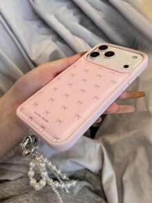1pc Pink Faux Leather Faux Pearl Bow Phone Case Compatible With Apple 17, 17 Pro, 17 Pro Max, 16 Pro Max, 16 Pro, 16, 11, 12, 13, 14, 15, 12 Pro Max, 13 Pro Max, 14 Pro Max, 15 Pro Max - Pink - View 3